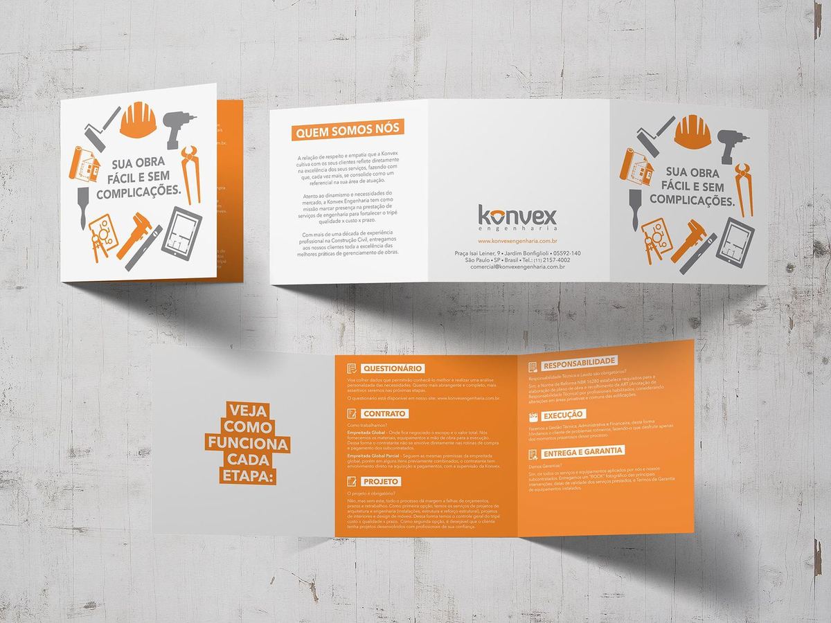 Konvex Engenharia — Logo and stationery, Obra Fácil folder, website. Via Estúdio Trilho Design.